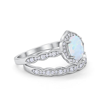 Two Piece Vintage Style Lab Created White Opal Wedding Ring 925 Sterling Silver